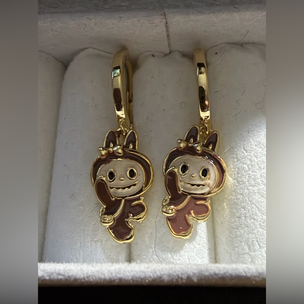 14K Gold Waving Labubu Theme Enameled Hoop Character Earrings Kawaii Boutique